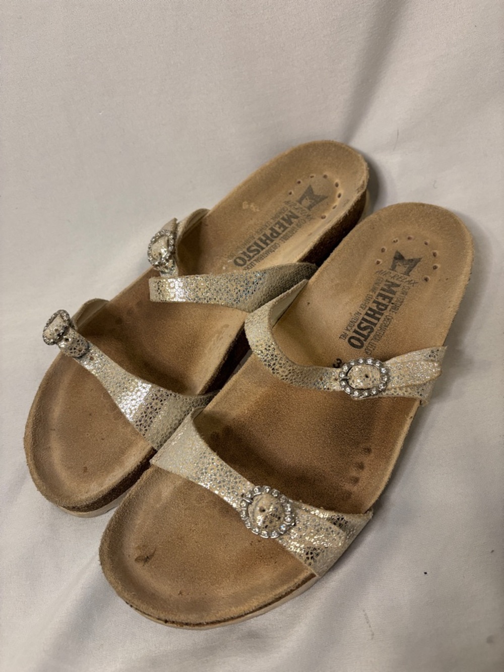 Mephisto Cork Sandals Rhinestone Metallic Flat Size 39